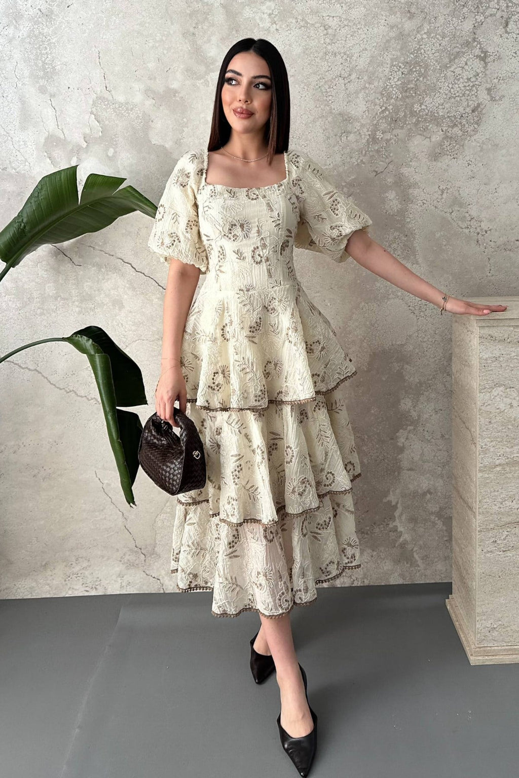Beige Elegant Floral A-Line Midi Dress