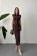 Elegant Brown Sheath Dress With Notched Neck