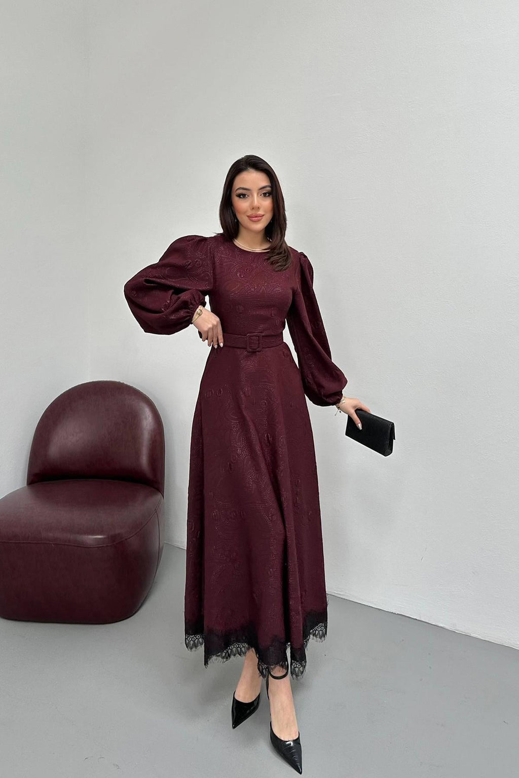 Claret Red Elegant Paisley Maxi Dress