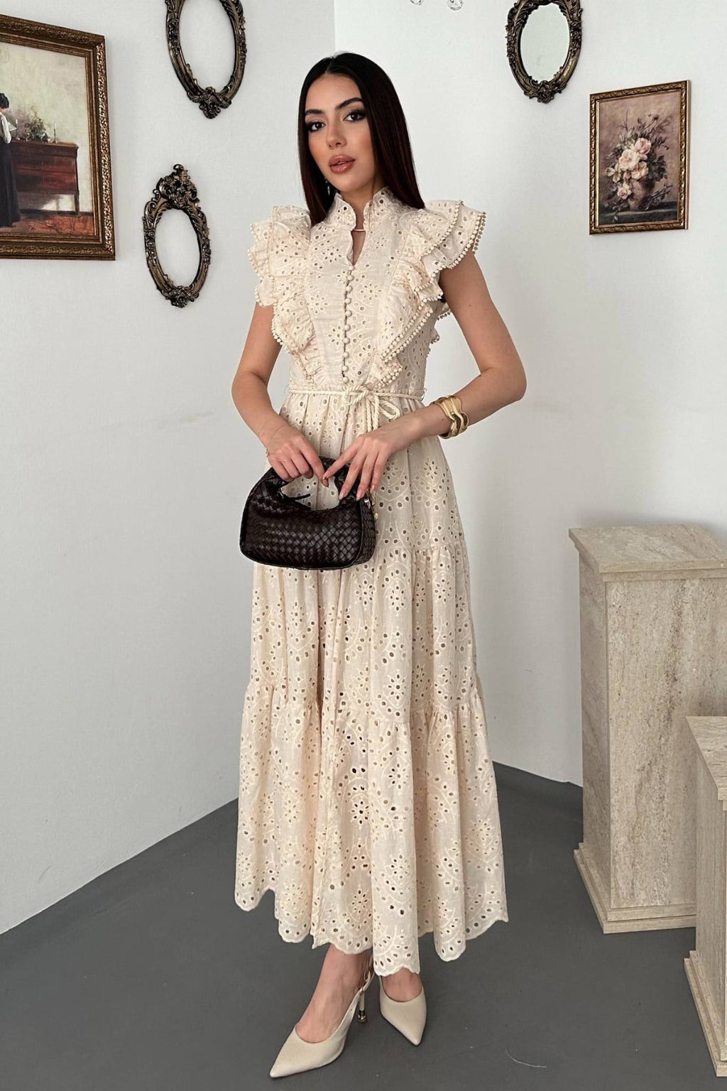 Elegant Beige Fit And Flare Dress