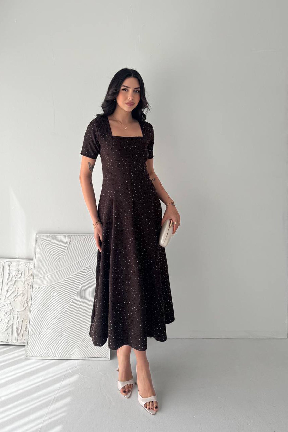 Elegant Brown Fit And Flare Dress with Rhinestones