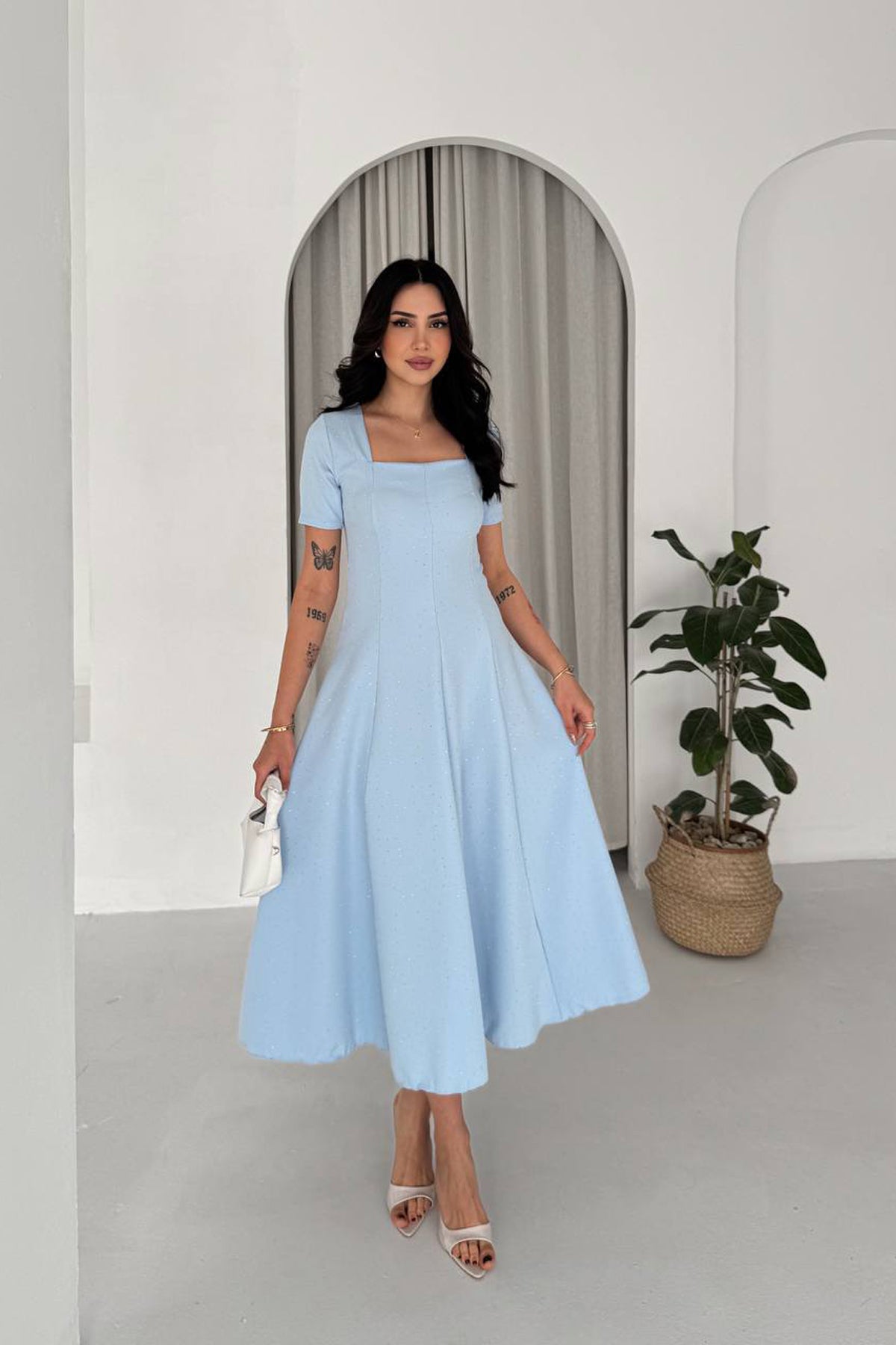 Elegant Blue Fit And Flare Dress with Rhinestones