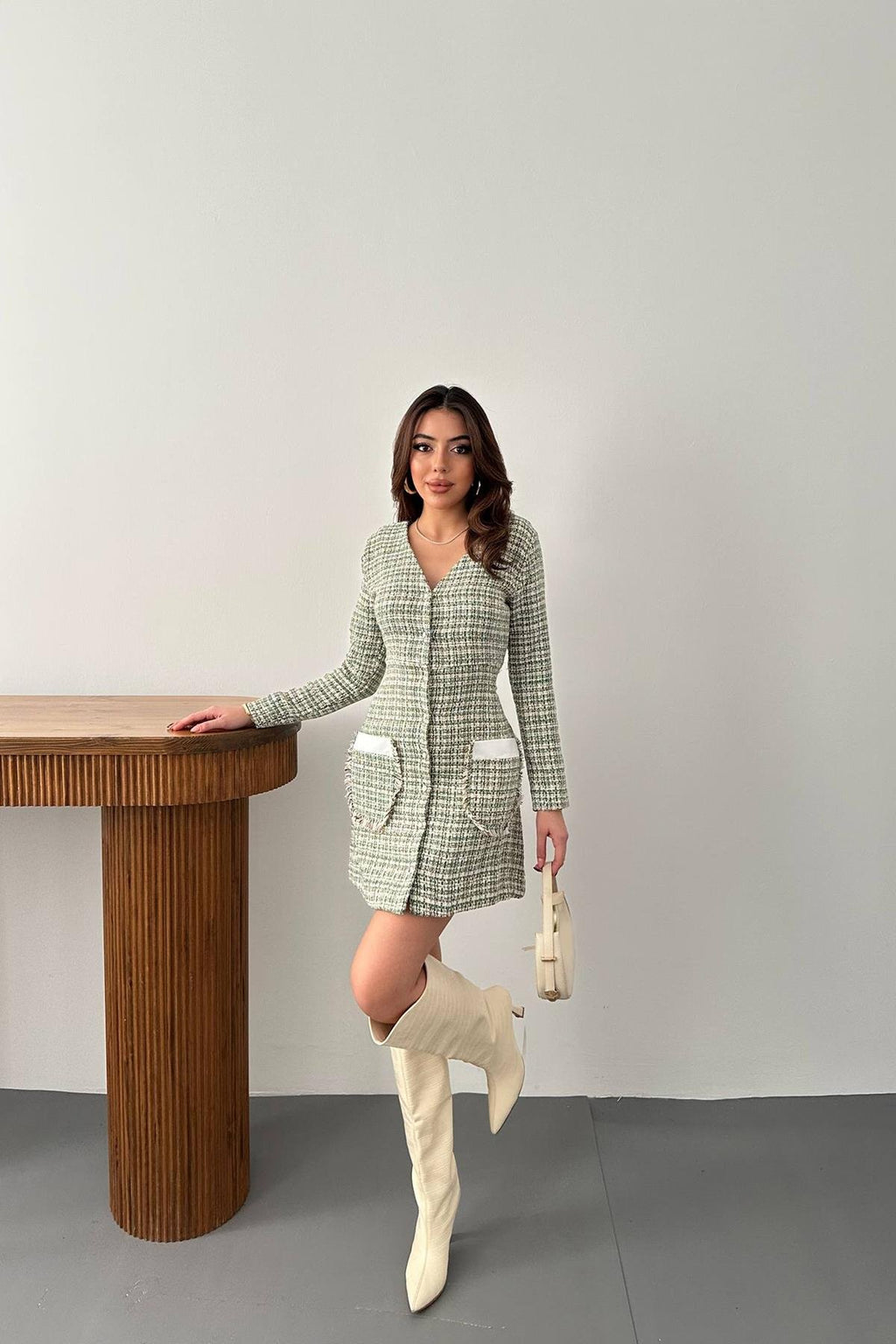 Beige and Green Checkered V-Neck Mini Shift Dress