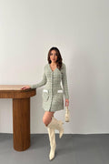 Beige and Green Checkered V-Neck Mini Shift Dress