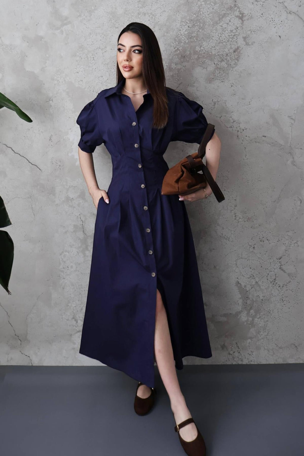 Elegant Navy Blue Shirt Midi Dress With Puff Sleeves