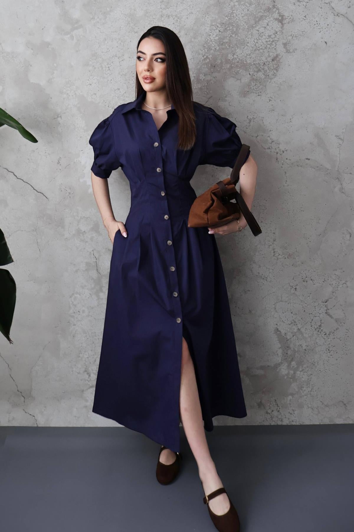 Elegant Navy Blue Shirt Midi Dress With Puff Sleeves