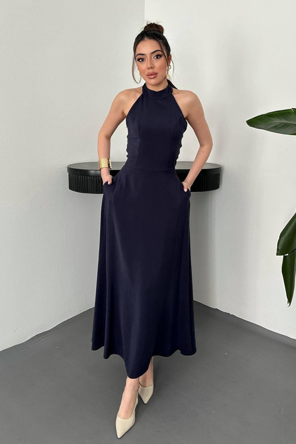 Elegant Navy Blue A-Line Midi Dress