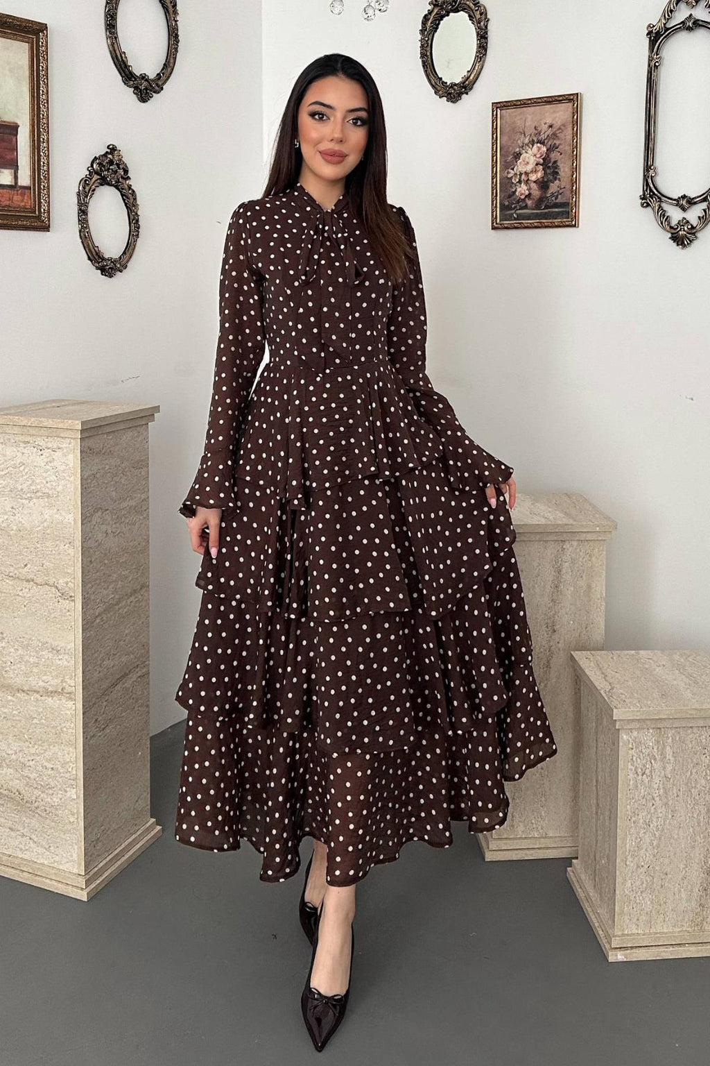 Elegant Brown Maxi Dress With Polka Dots