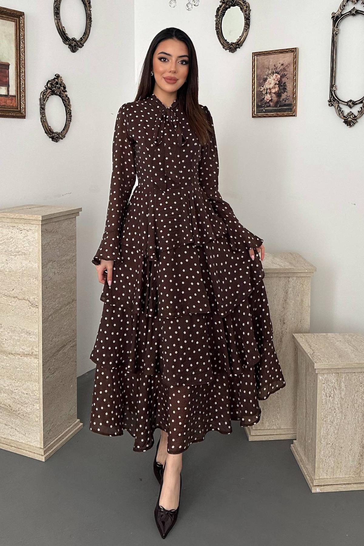 Elegant Brown Maxi Dress With Polka Dots