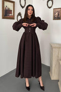Elegant Brown A-Line Midi Dress With Balloon Sleeves
