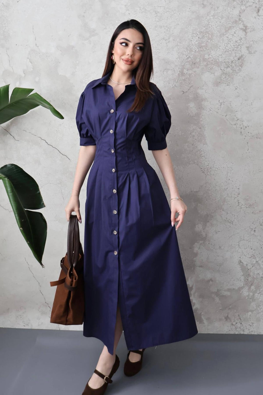 Elegant Navy Blue Shirt Midi Dress With Puff Sleeves