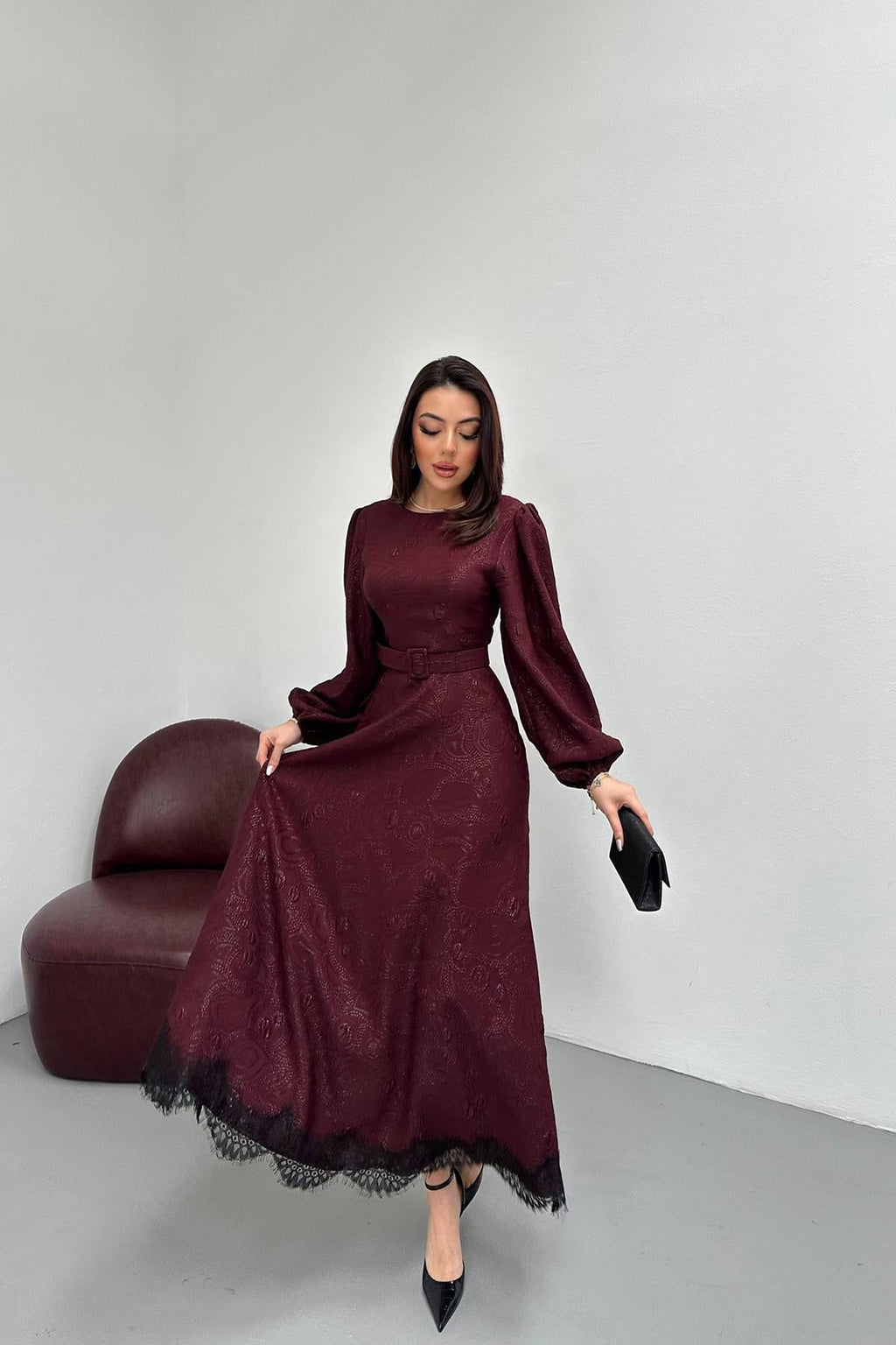 Claret Red Elegant Paisley Maxi Dress