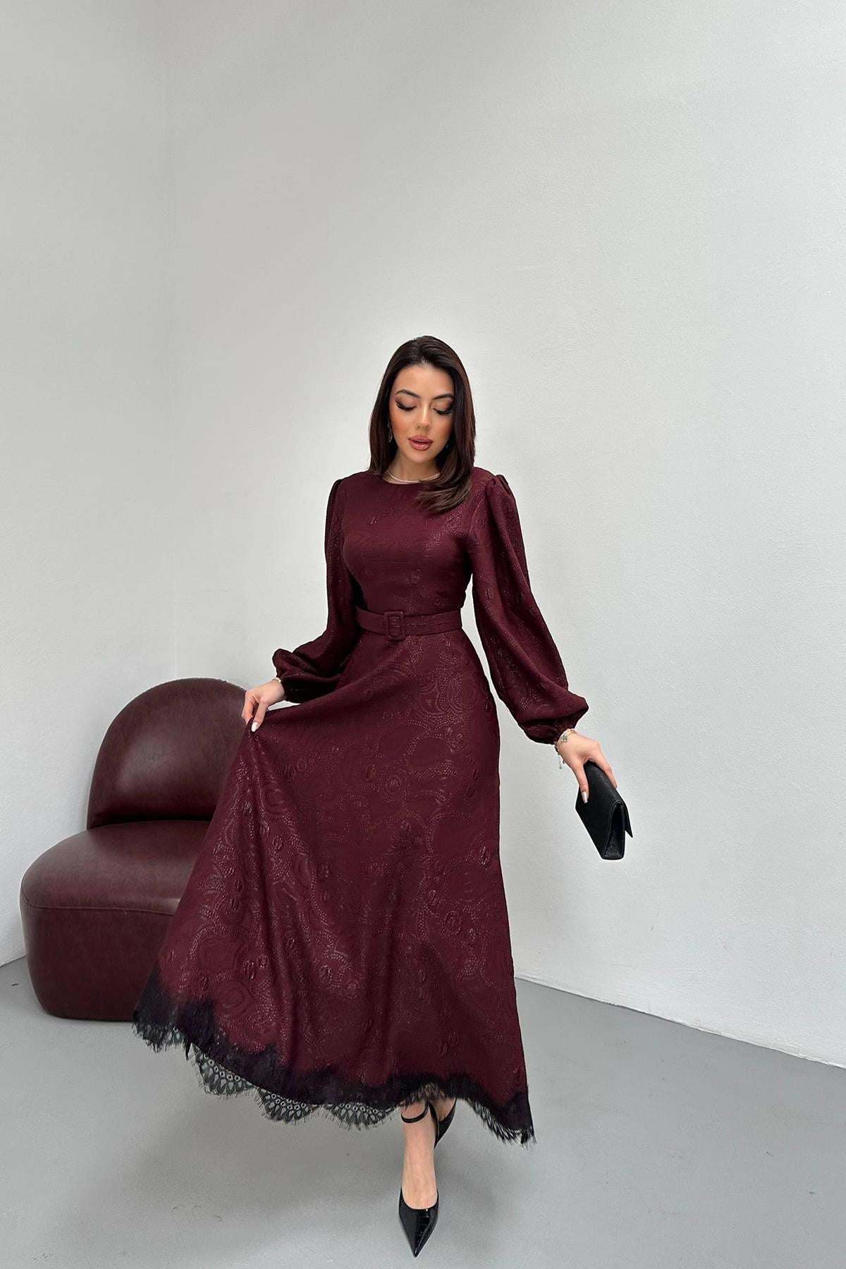 Claret Red Elegant Paisley Maxi Dress