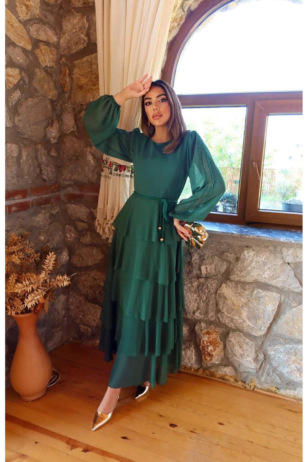 Elegant Green A-Line Dress with Ruffle Sleeves