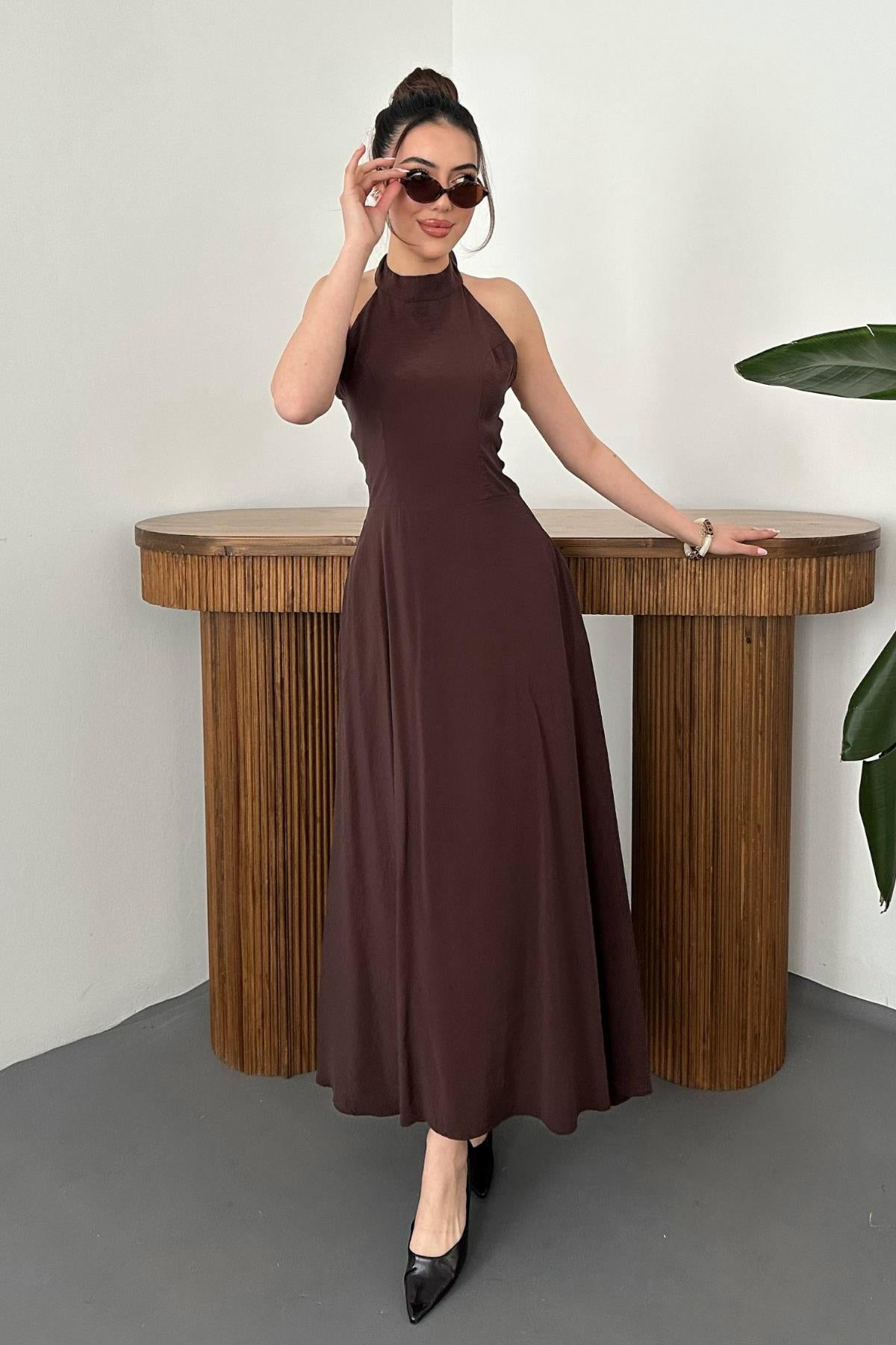 Elegant Brown A-Line Midi Dress