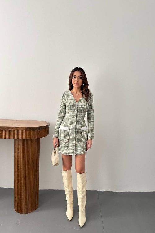 Beige and Green Checkered V-Neck Mini Shift Dress