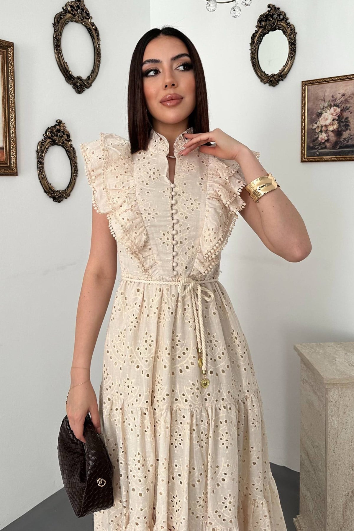 Elegant Beige Fit And Flare Dress