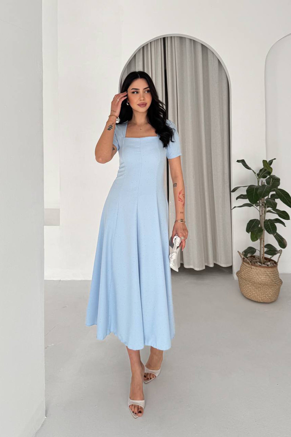 Elegant Blue Fit And Flare Dress with Rhinestones