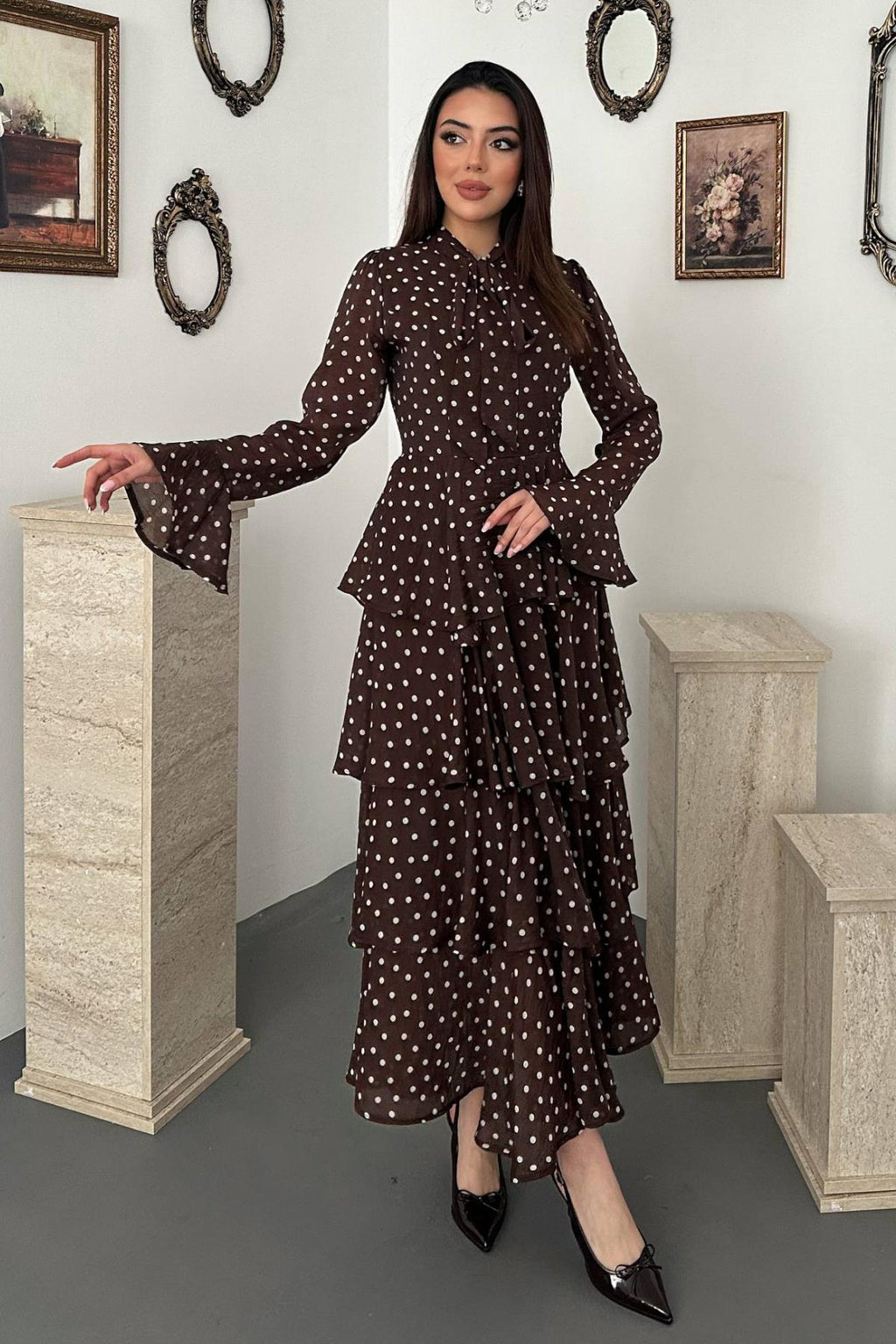 Elegant Brown Maxi Dress With Polka Dots