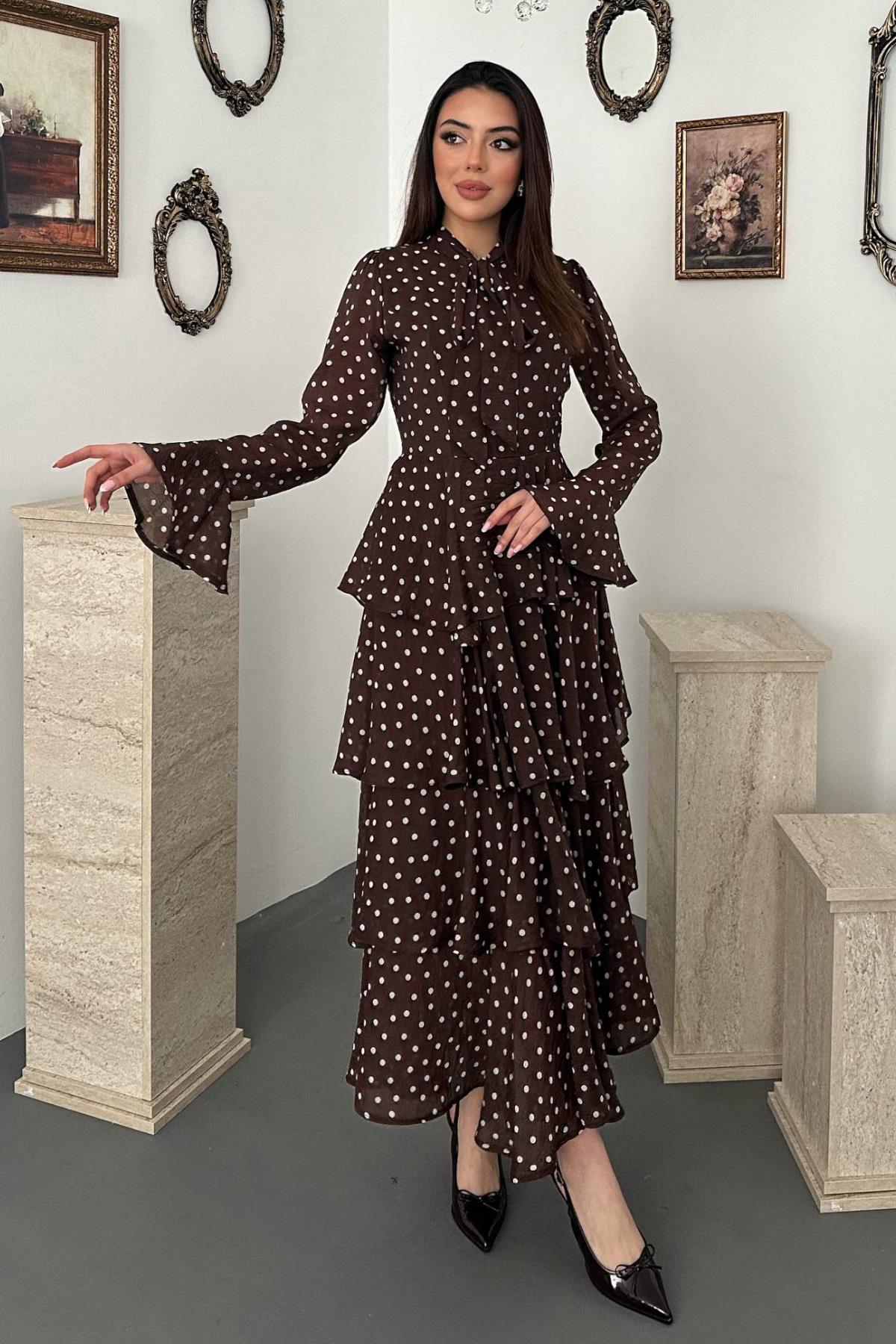 Elegant Brown Maxi Dress With Polka Dots