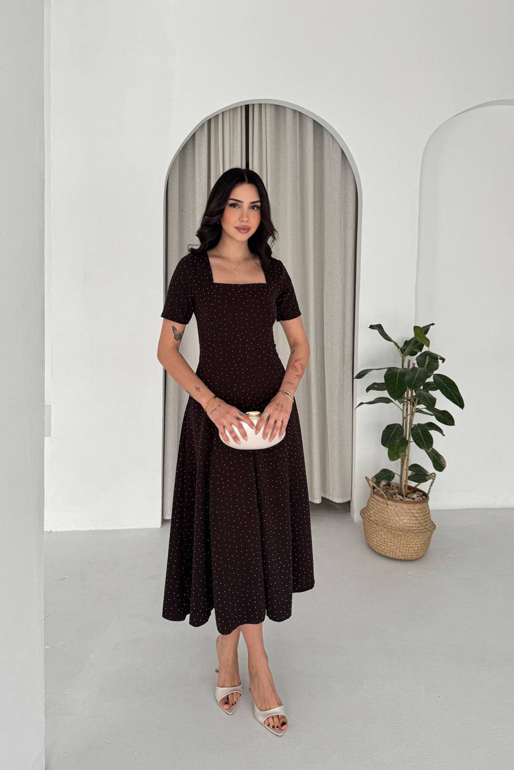 Elegant Brown Fit And Flare Dress with Rhinestones
