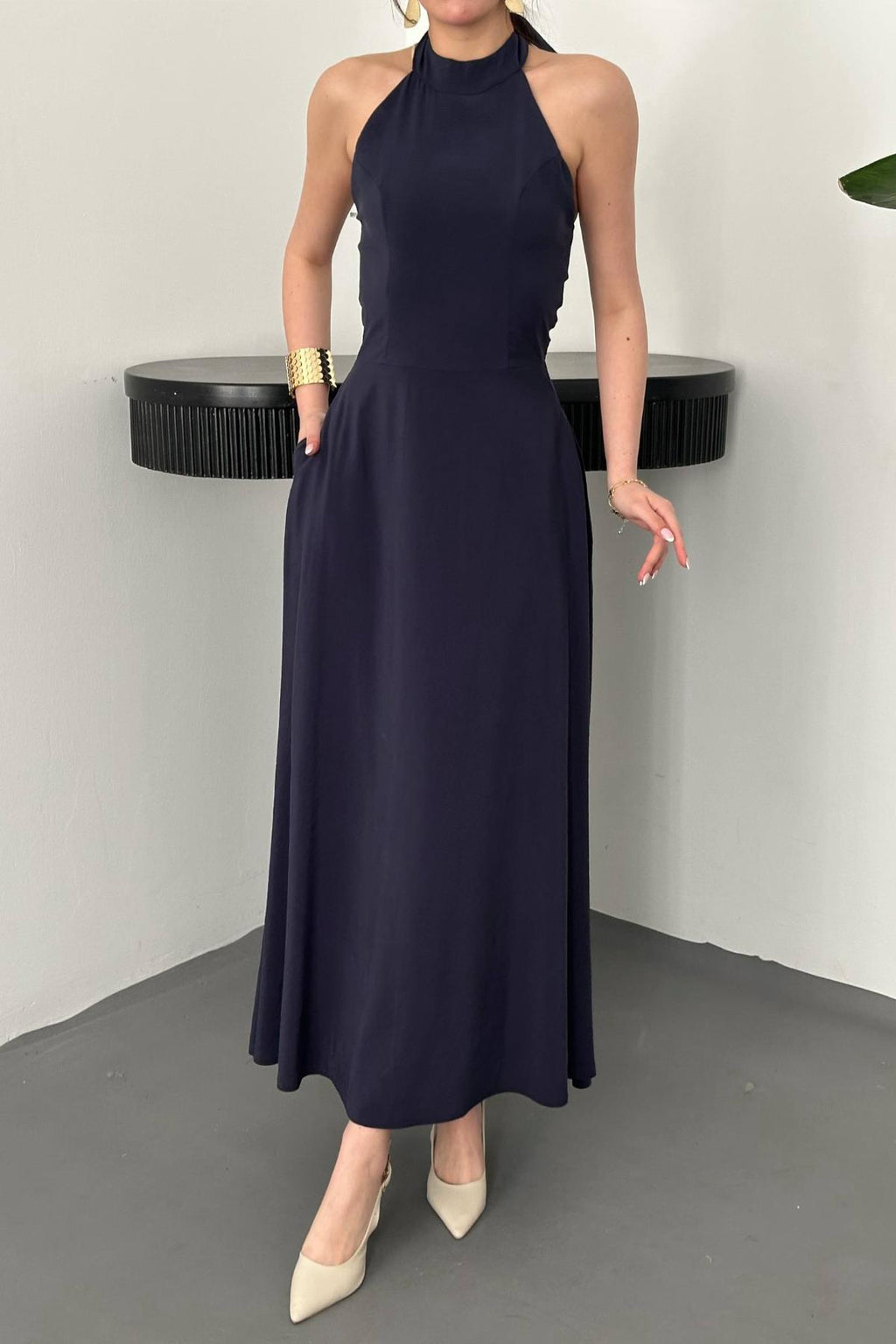 Elegant Navy Blue A-Line Midi Dress