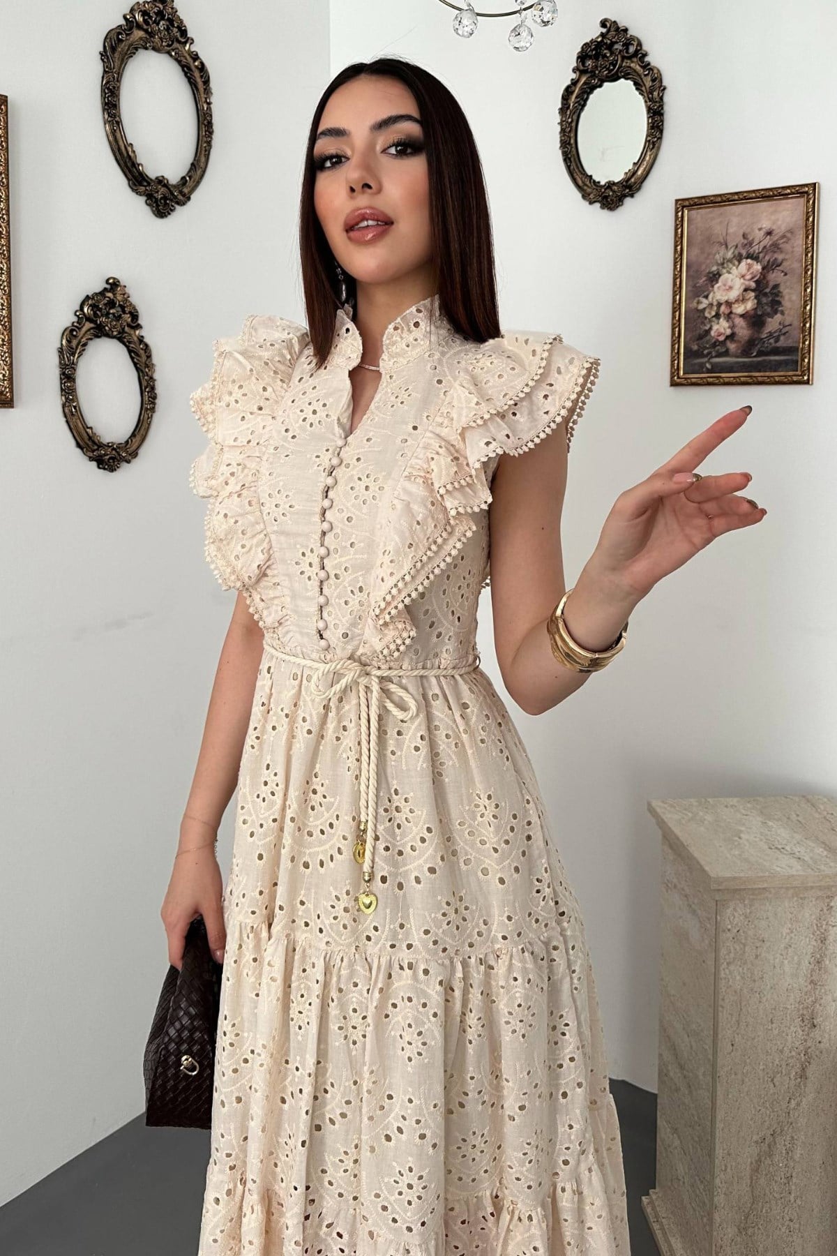 Elegant Beige Fit And Flare Dress