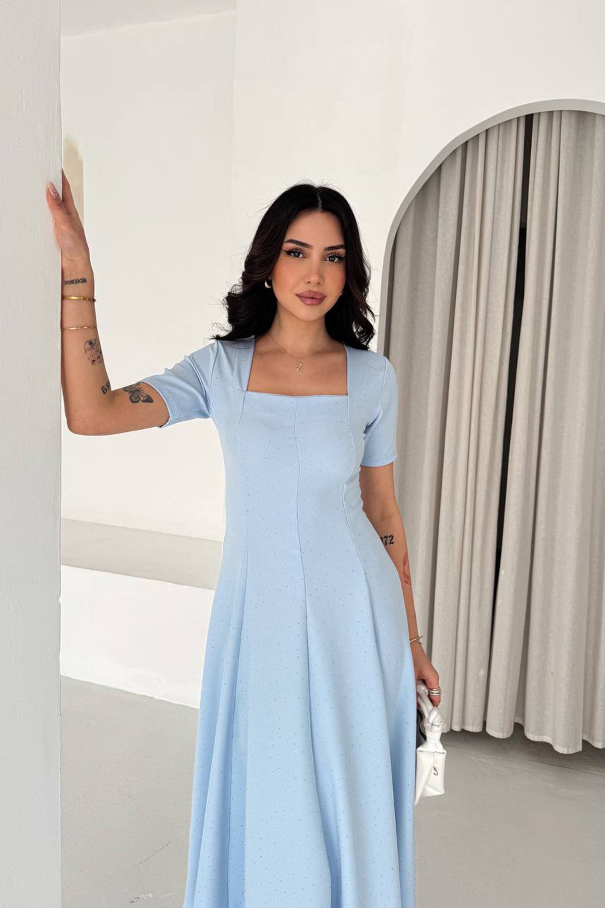 Elegant Blue Fit And Flare Dress with Rhinestones