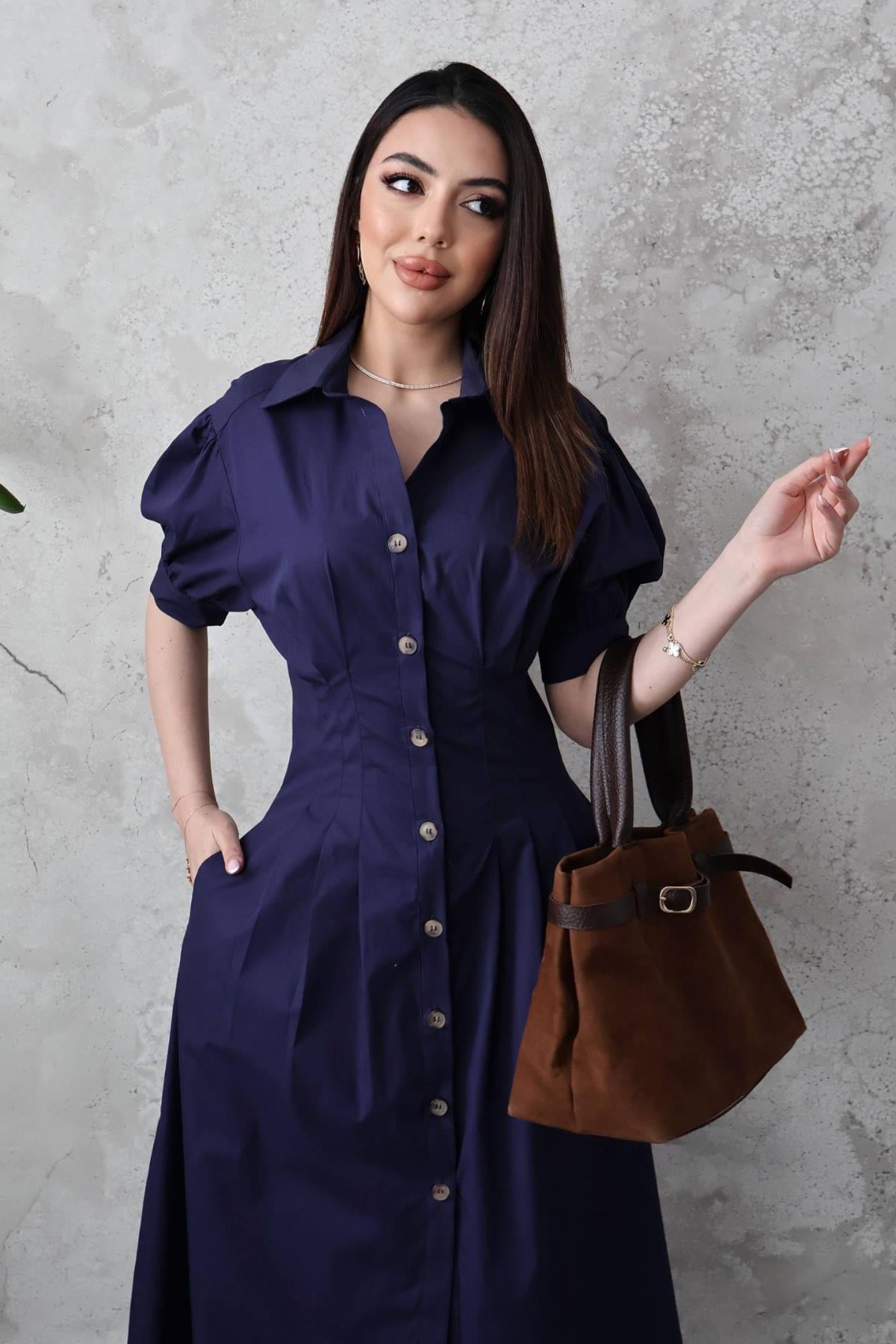 Elegant Navy Blue Shirt Midi Dress With Puff Sleeves