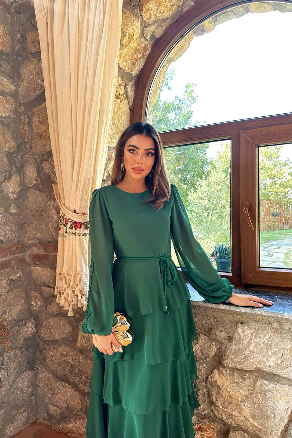 Elegant Green A-Line Dress with Ruffle Sleeves