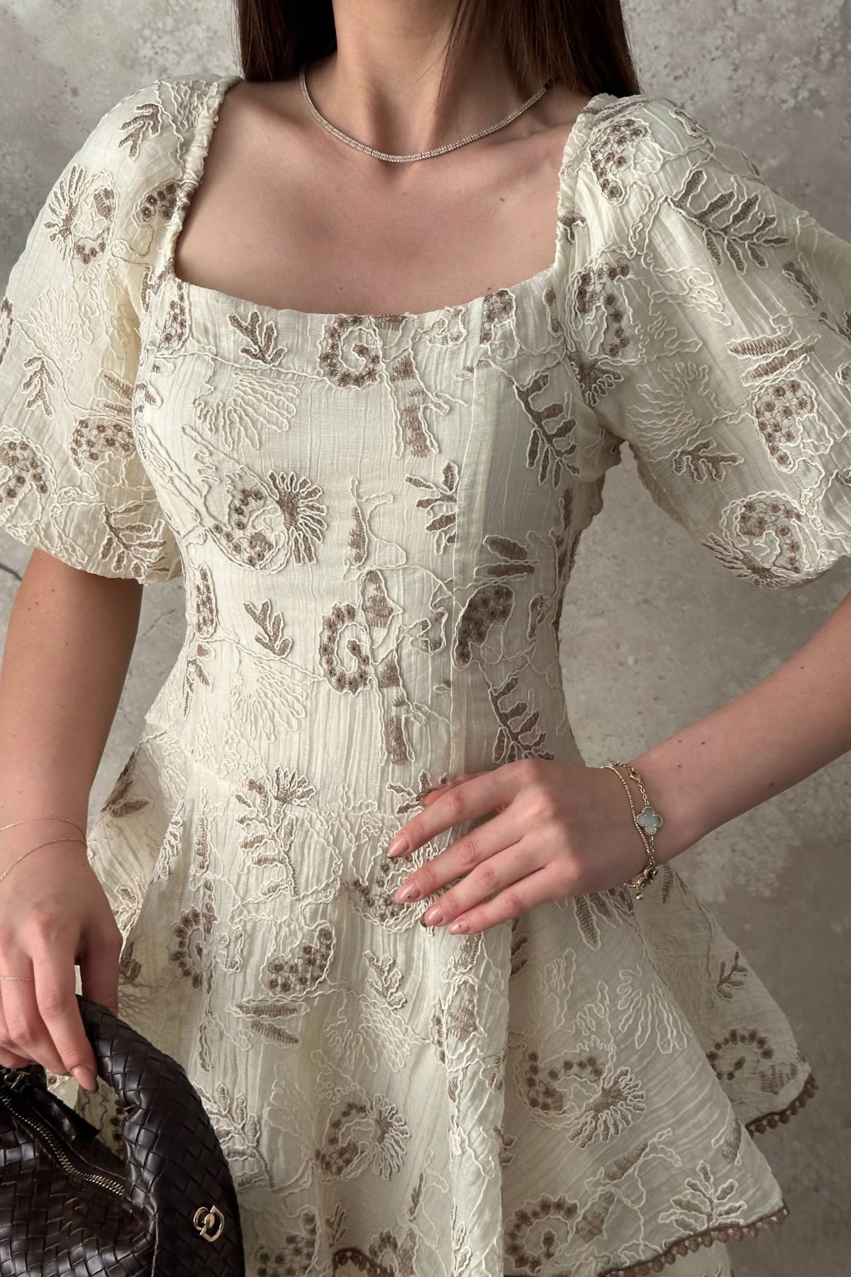 Beige Elegant Floral A-Line Midi Dress