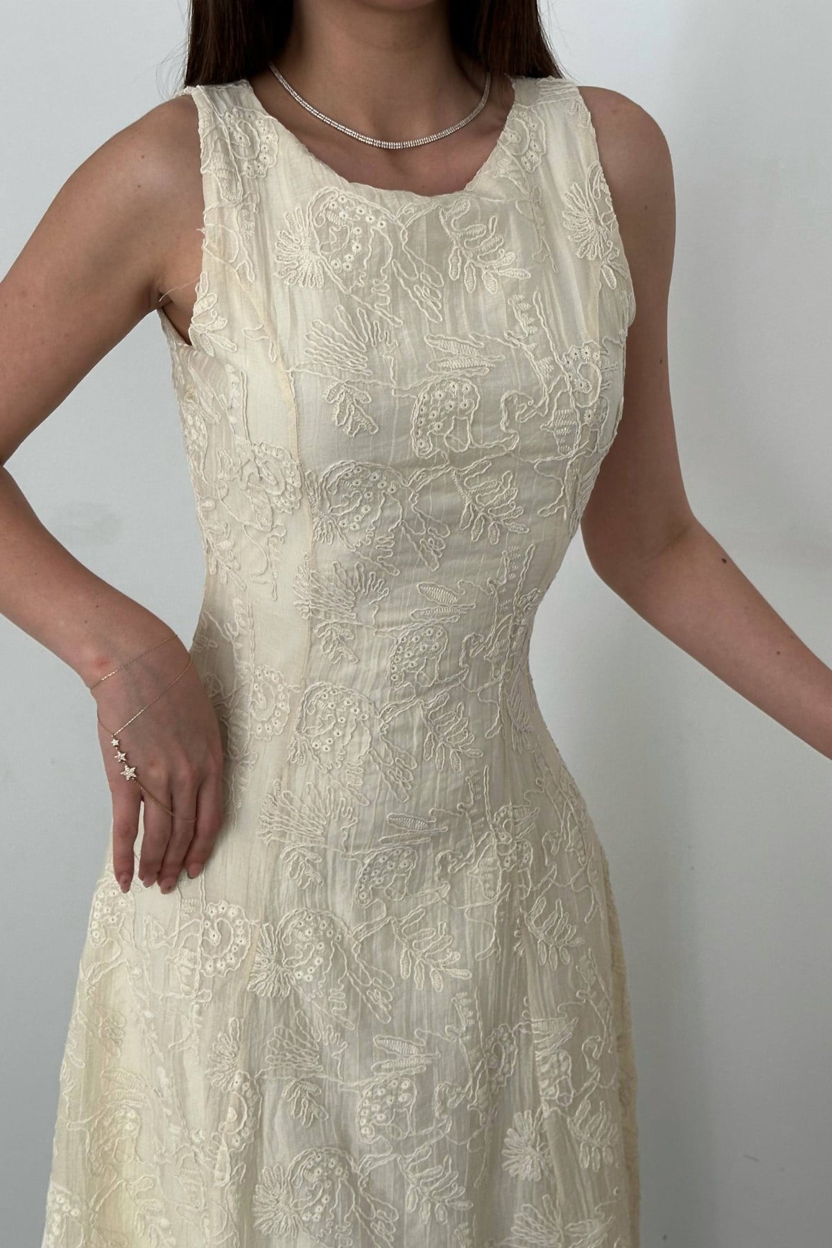 Beige Elegant A-Line Midi Dress