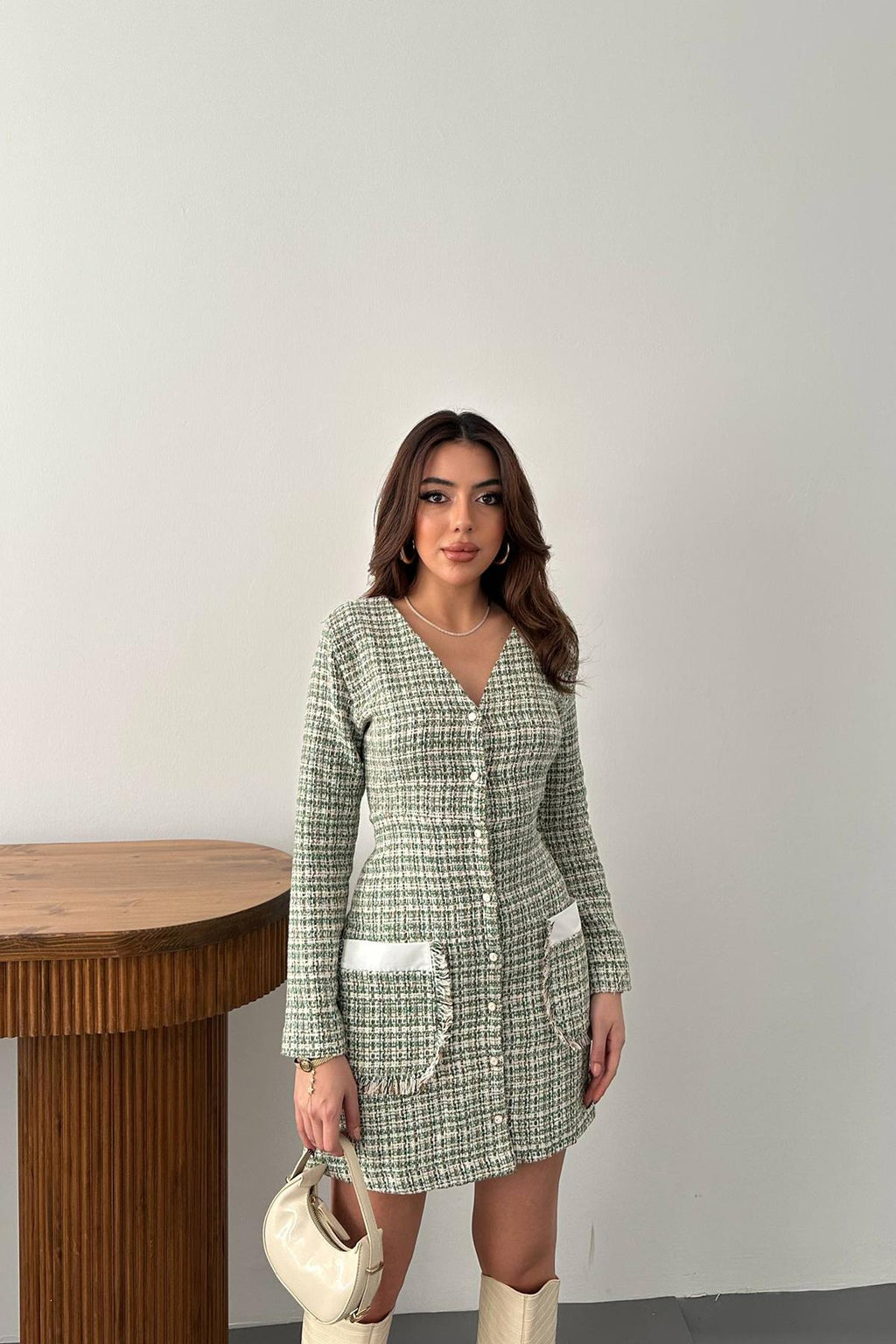 Beige and Green Checkered V-Neck Mini Shift Dress
