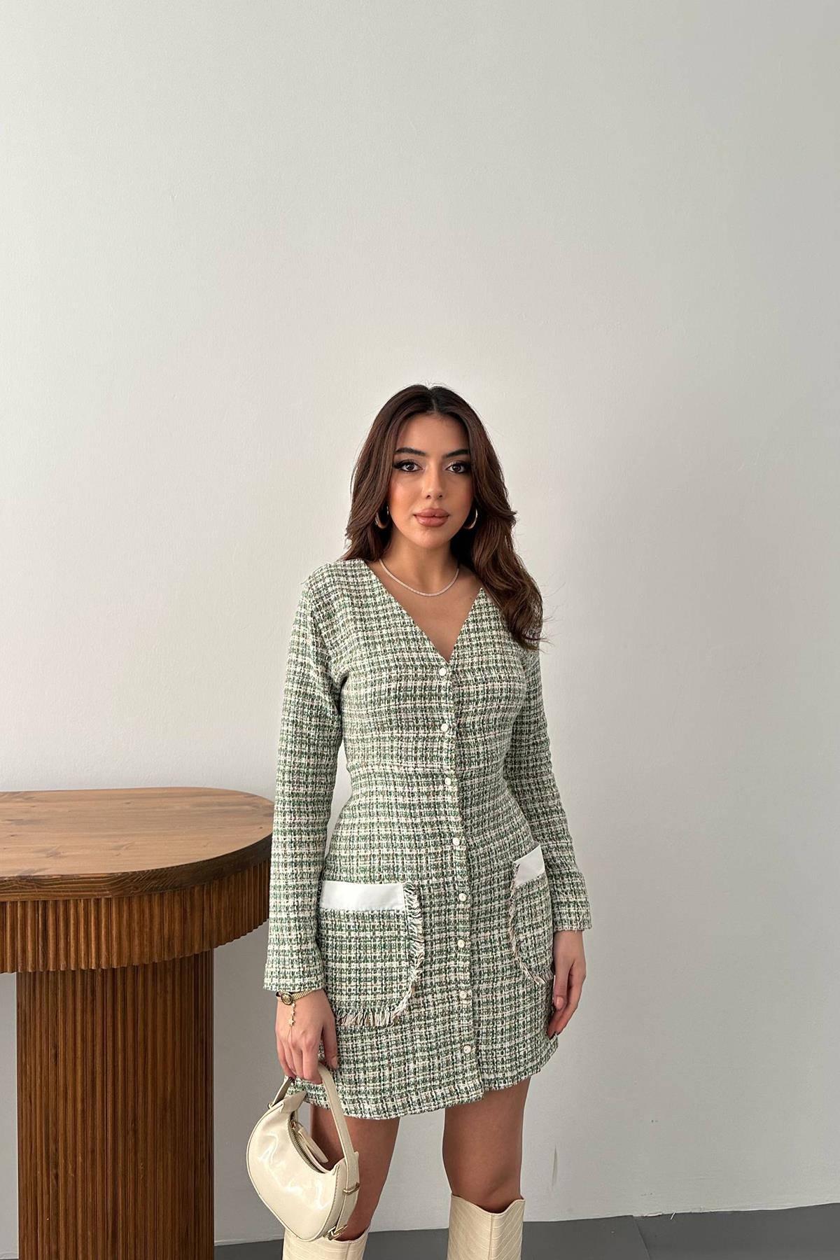 Beige and Green Checkered V-Neck Mini Shift Dress