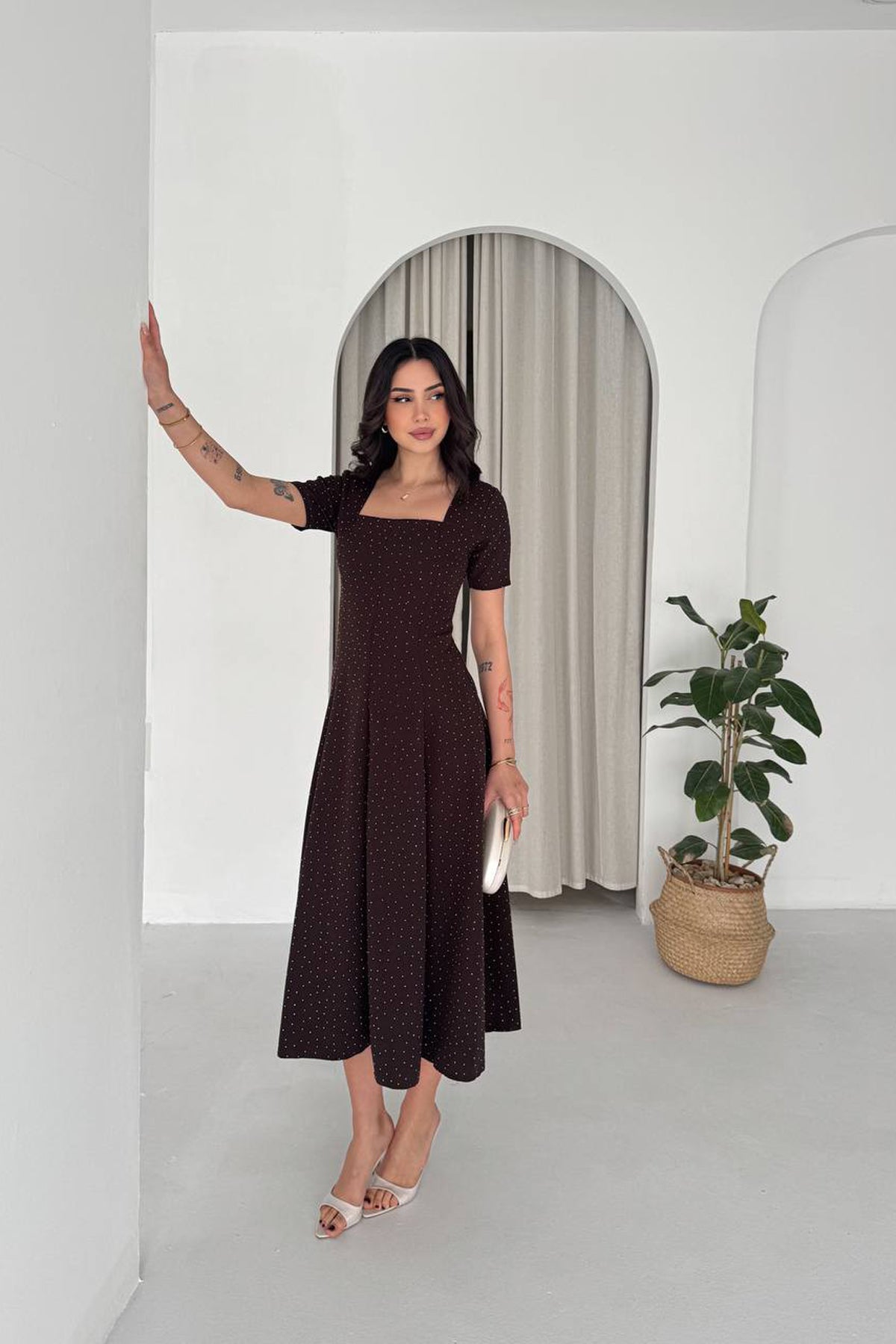 Elegant Brown Fit And Flare Dress with Rhinestones