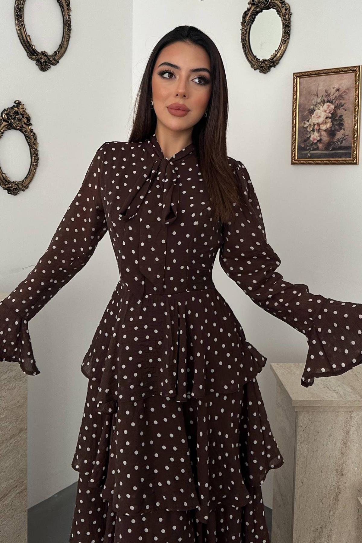 Elegant Brown Maxi Dress With Polka Dots