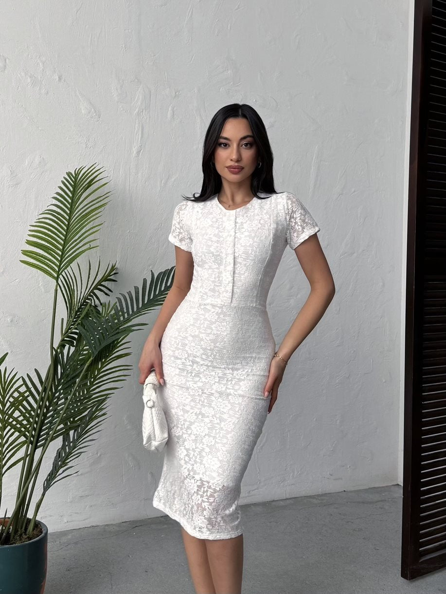 Elegant White Lace Sheath Midi Dress