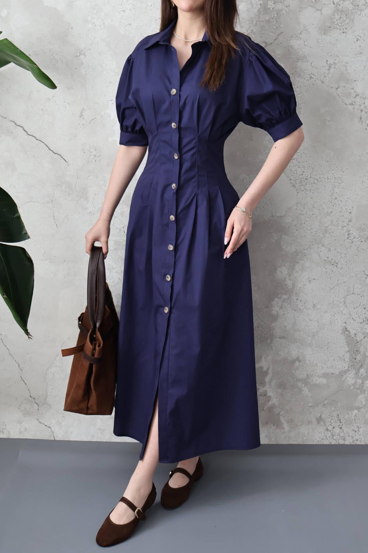 Elegant Navy Blue Shirt Midi Dress With Puff Sleeves