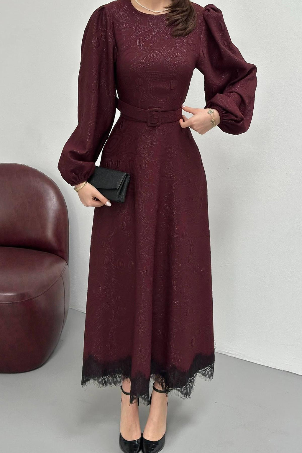 Claret Red Elegant Paisley Maxi Dress