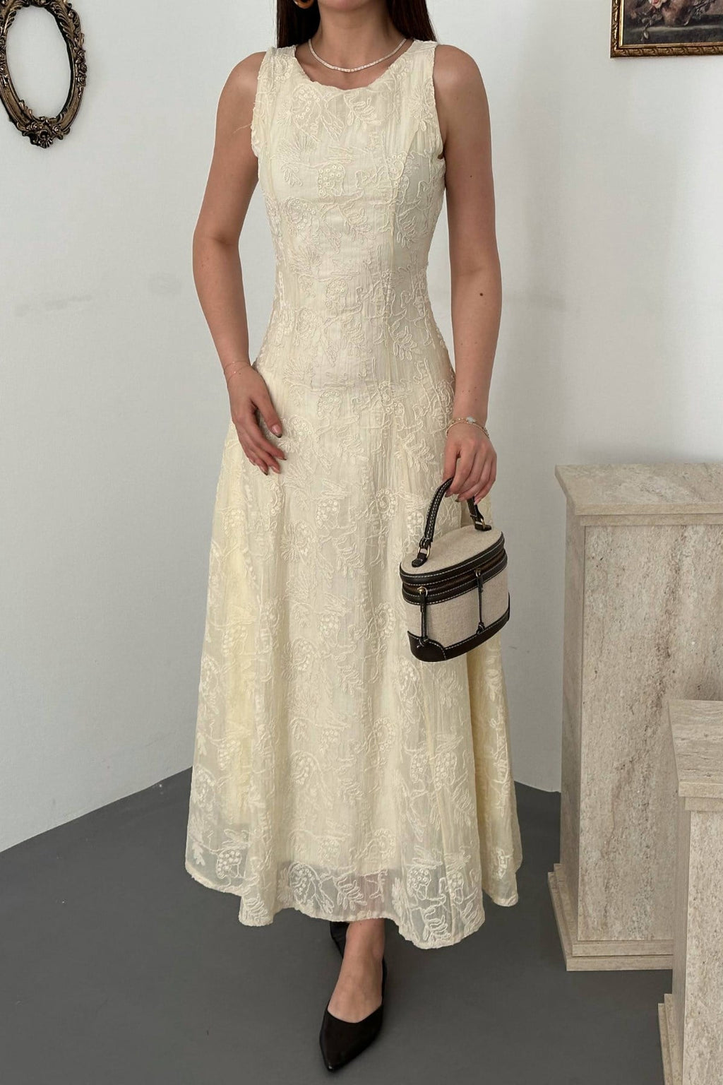 Beige Elegant A-Line Midi Dress