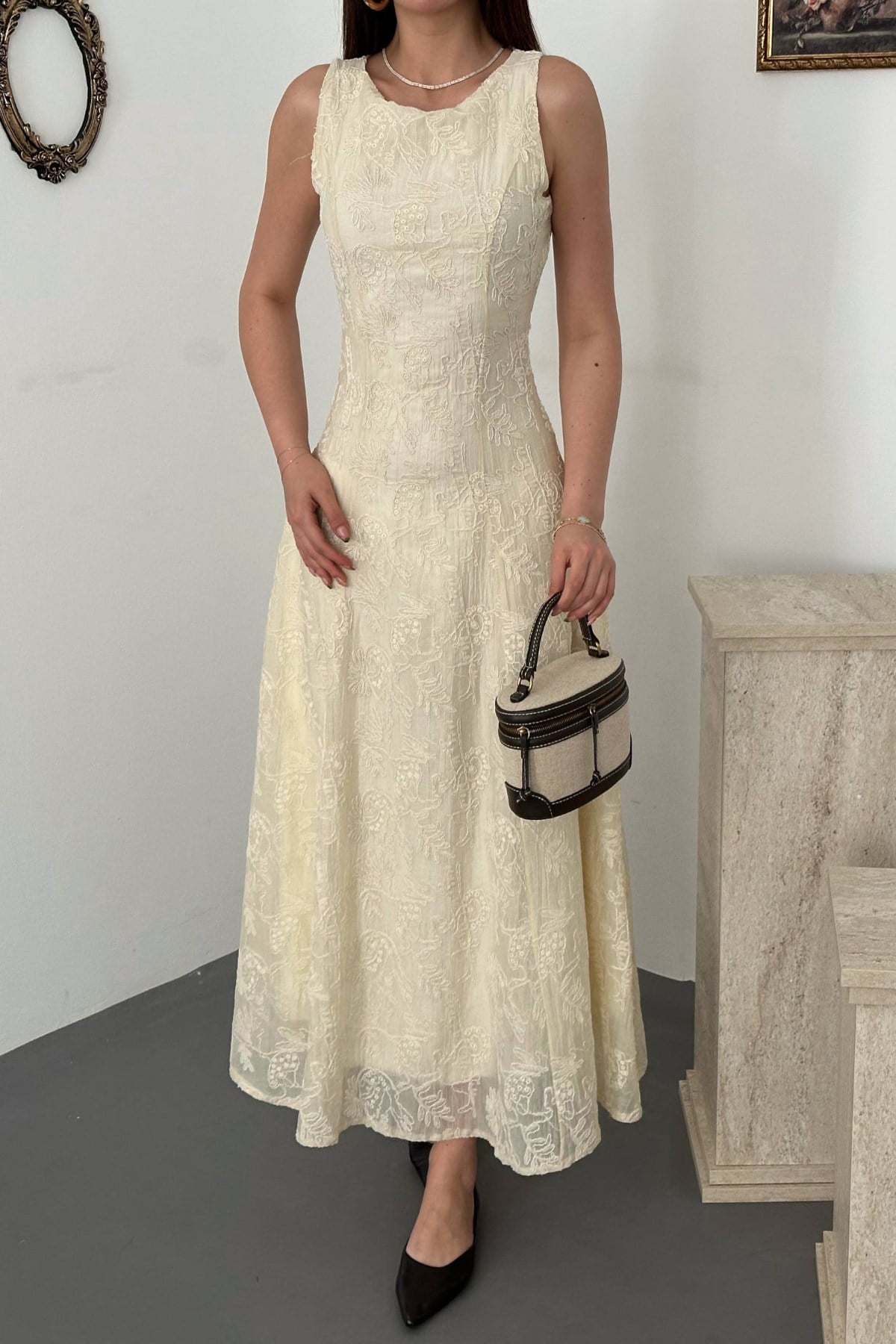 Beige Elegant A-Line Midi Dress