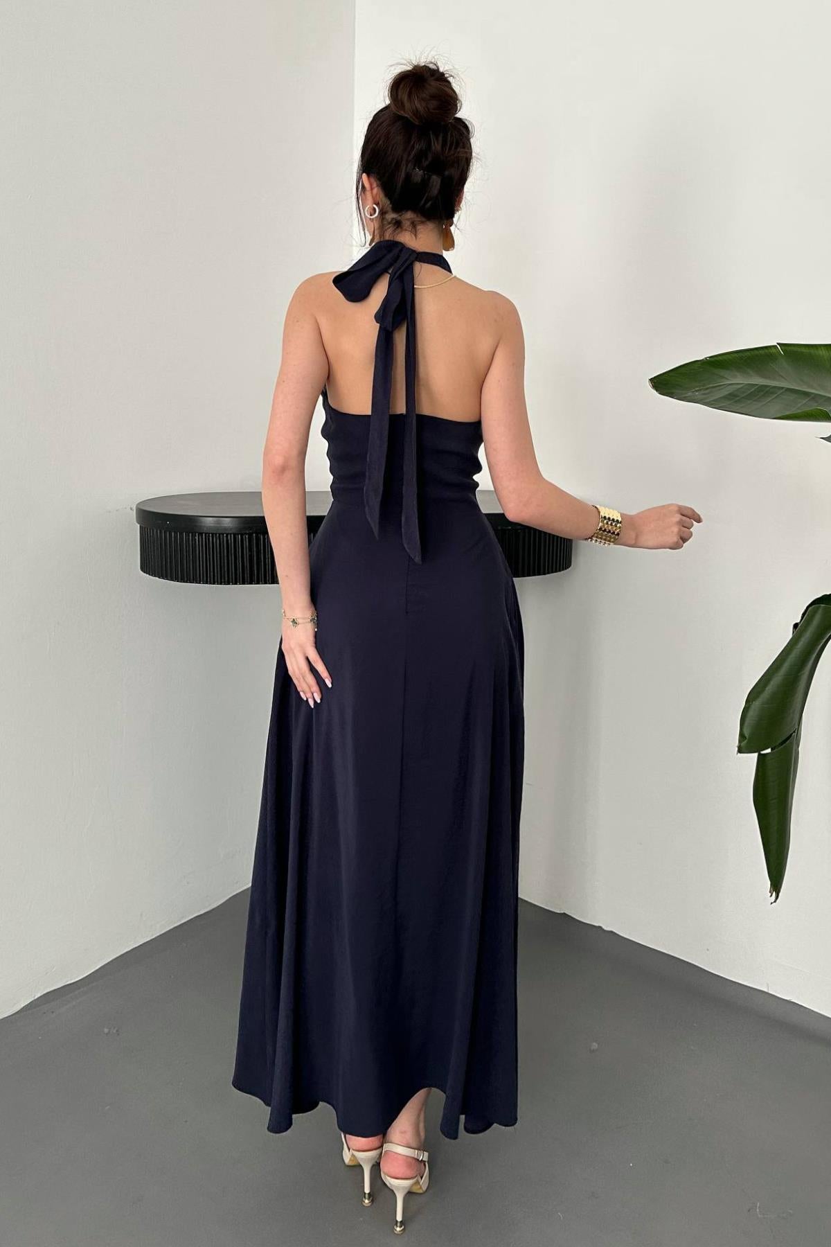 Elegant Navy Blue A-Line Midi Dress