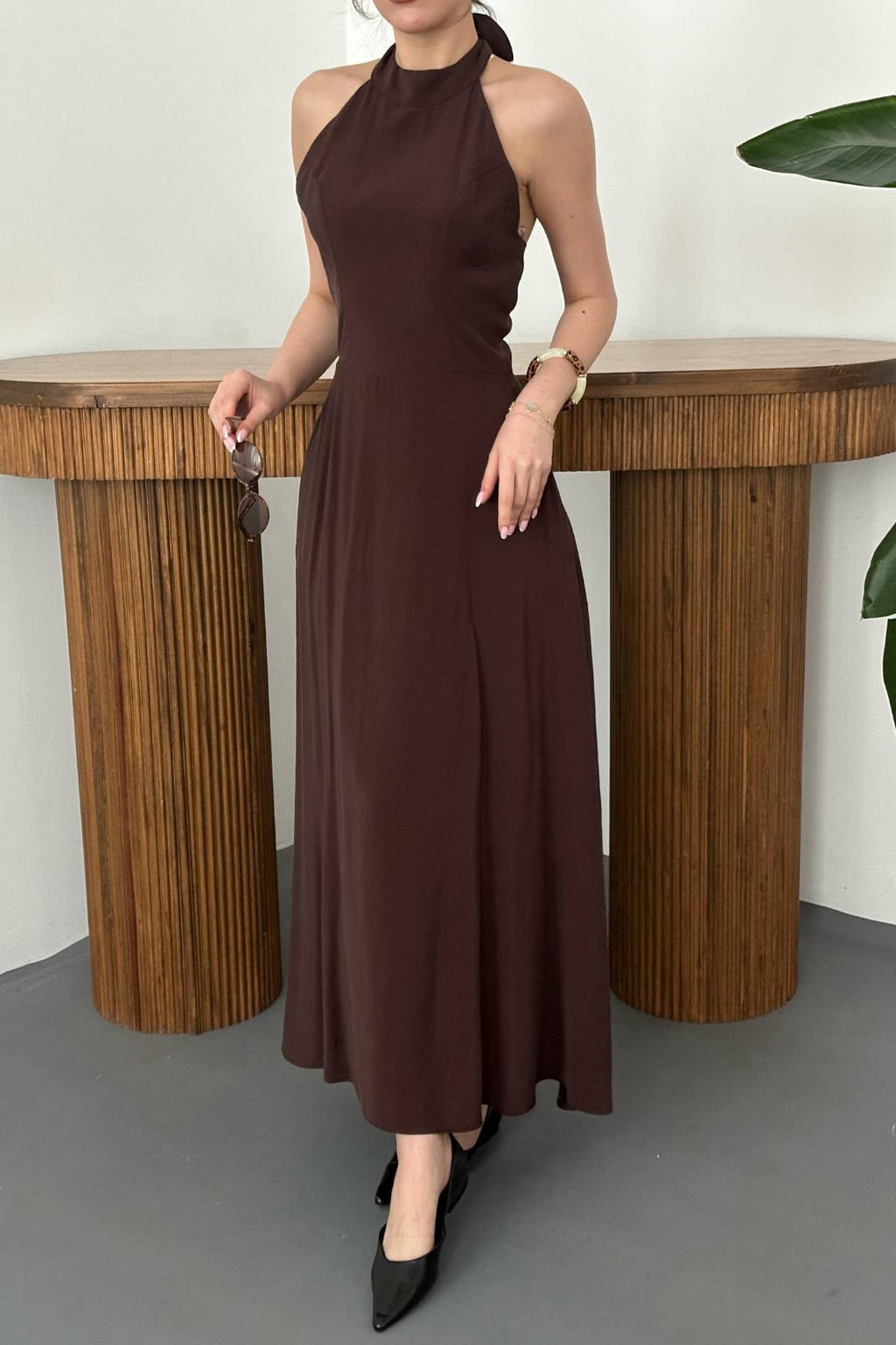 Elegant Brown A-Line Midi Dress