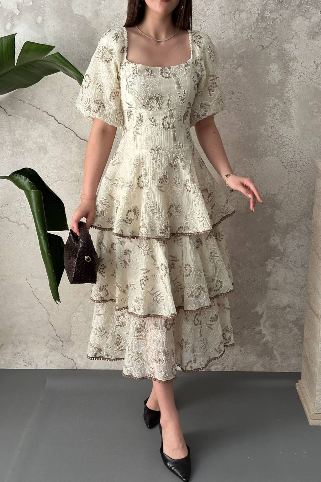 Beige Elegant Floral A-Line Midi Dress