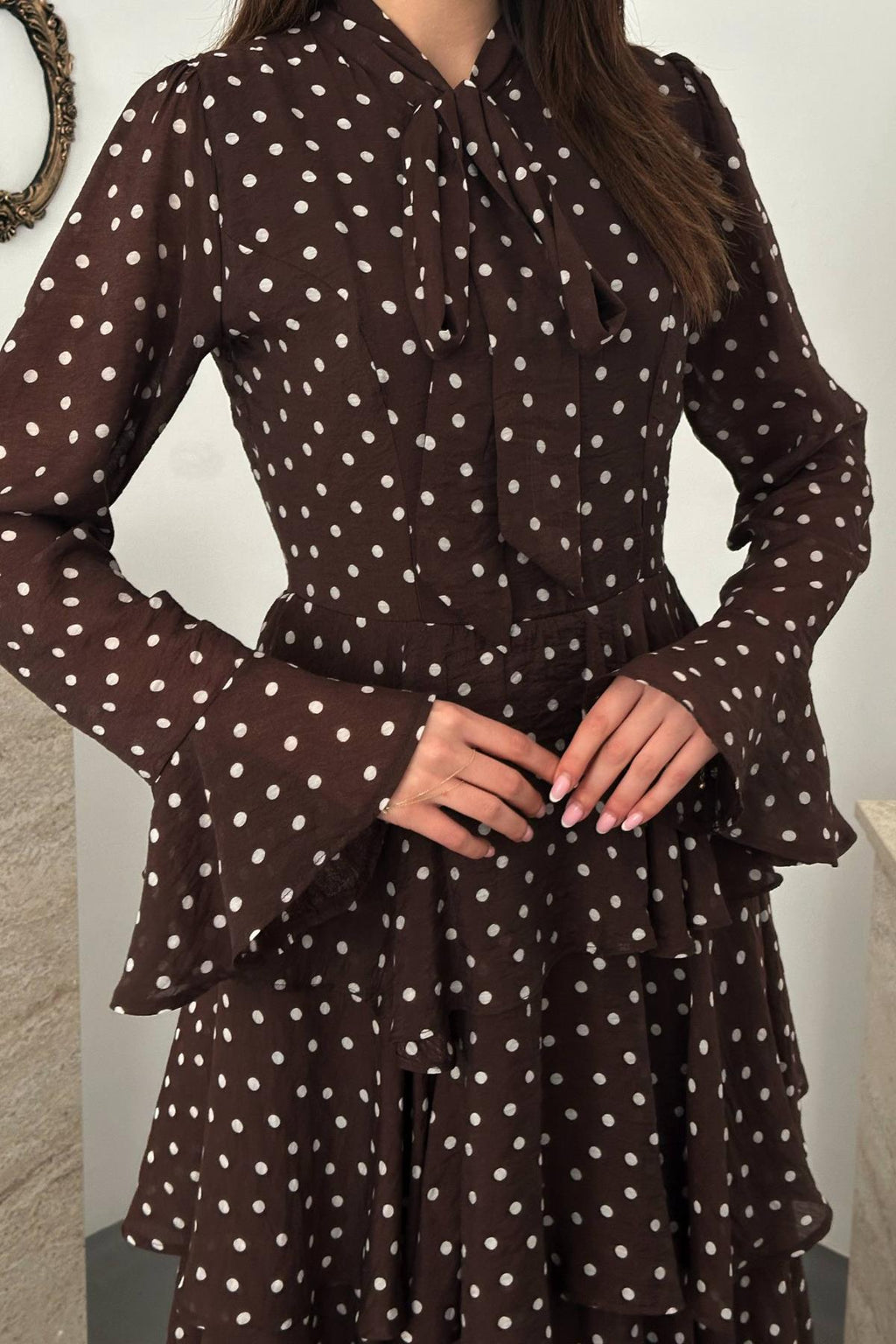 Elegant Brown Maxi Dress With Polka Dots