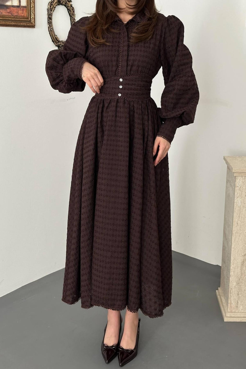 Elegant Brown A-Line Midi Dress With Balloon Sleeves