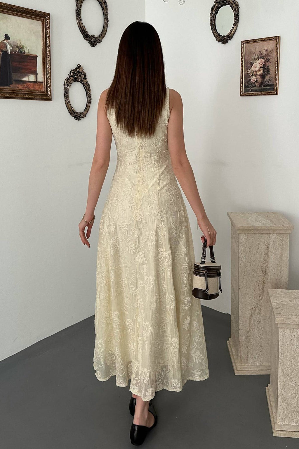 Beige Elegant A-Line Midi Dress