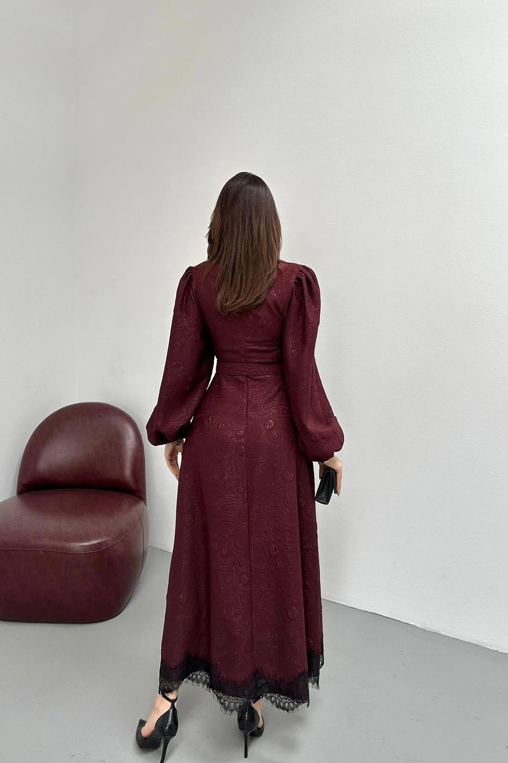 Claret Red Elegant Paisley Maxi Dress