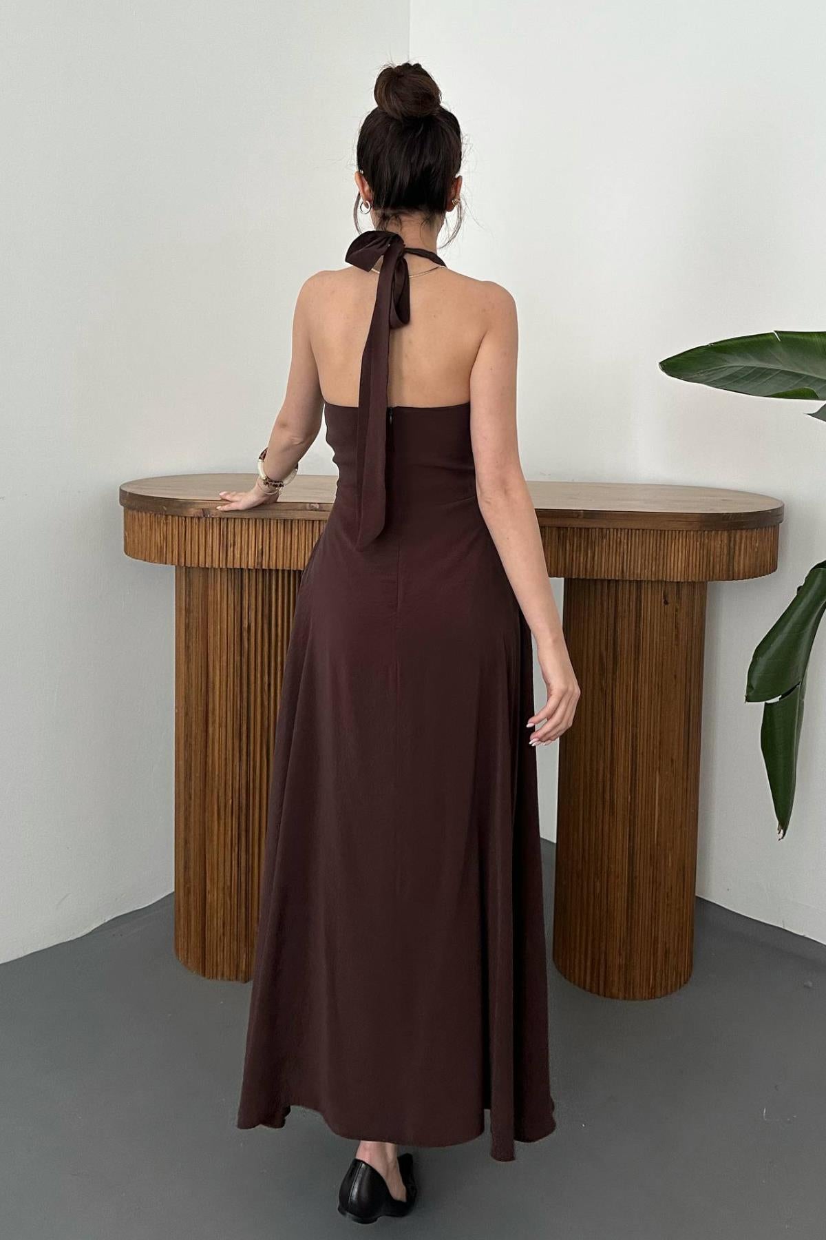 Elegant Brown A-Line Midi Dress