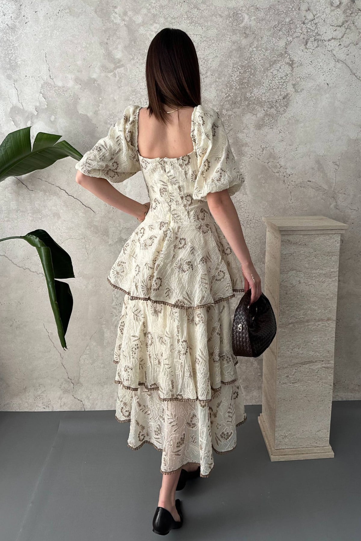 Beige Elegant Floral A-Line Midi Dress